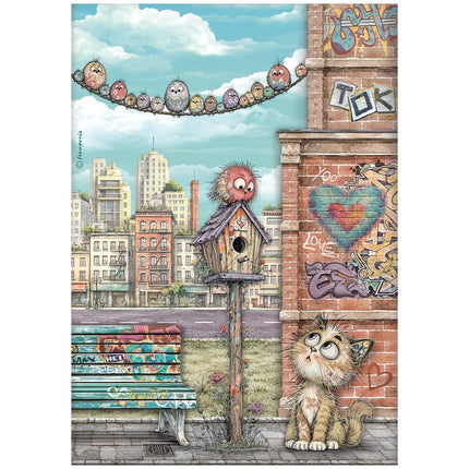 Printed A4 Rice paper for Art and Craft - Furry Friends 2 nest, cat and birds
