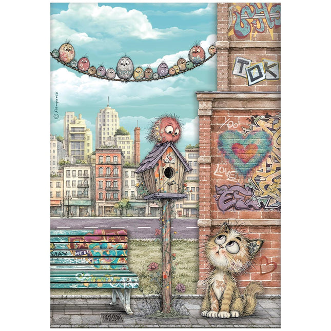 Bedrucktes A4-Reispapier für Kunst und Basteln - Furry Friends 2 Nest, Katze und Vögel