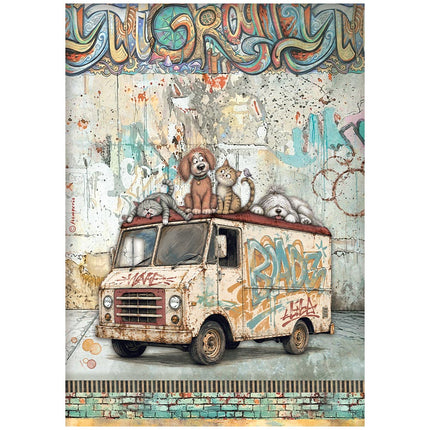 Printed A4 Rice paper for Art and Craft - Furry Friends 2 beater truck