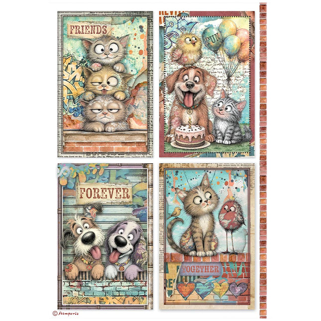 Bedrucktes A4-Reispapier für Kunst und Basteln - Furry Friends 2 Karten