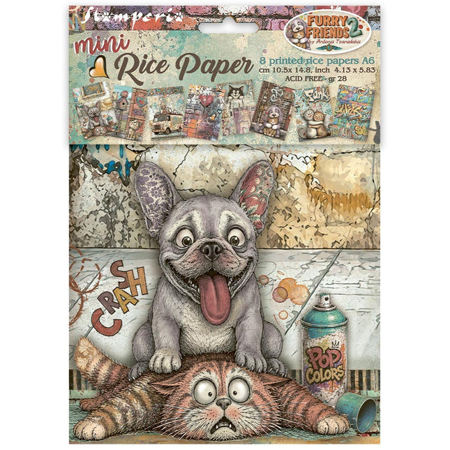 Printed Mini Rice paper A6 8 sheets for Art and Craft - Furry Friends 2