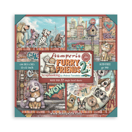 12”x12” (30.5x30.5 cm) Paper Pad 22 single sided printed paper sheets - Furry Friends 2