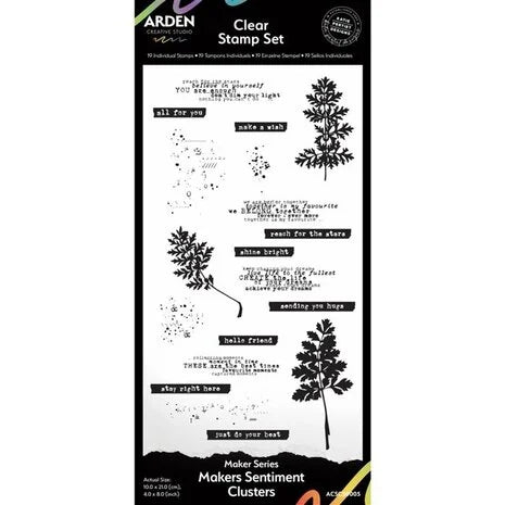 Arden Creative Studio Maker Series 4x8 Zoll Klarsichtstempel-Set - Maker's Sentiment Clusters (19 Stück)