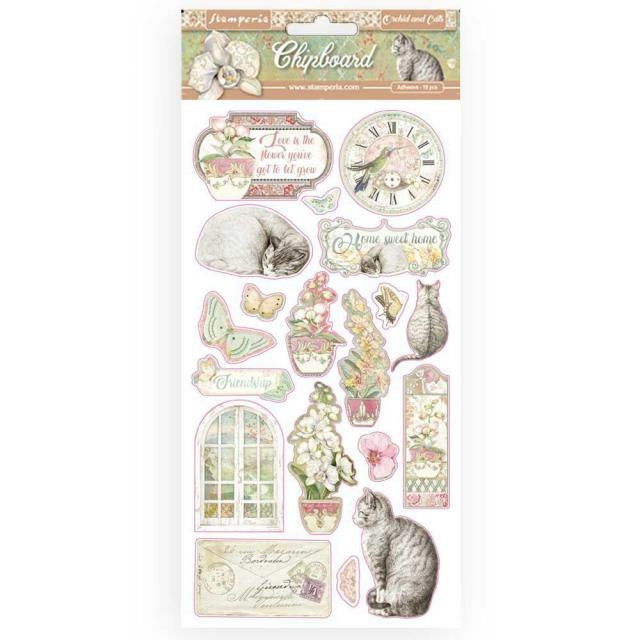 Chipboard 15x30 cm - Orchideen und Katzen
