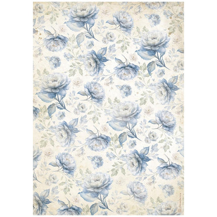 A4 Reispapier Packung - Zeitlose blaue Blumenmuster