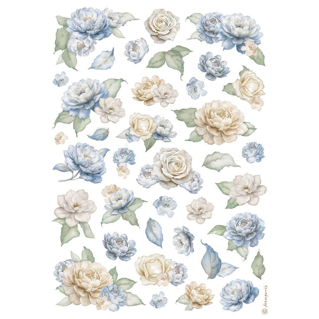 A4 Reispapier Packung - Zeitlose Rosen und blaue Blumenmuster