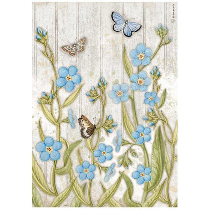 A4 Reispapier-Packung - Romantic Garden House Blaue Blumen und Schmetterling
