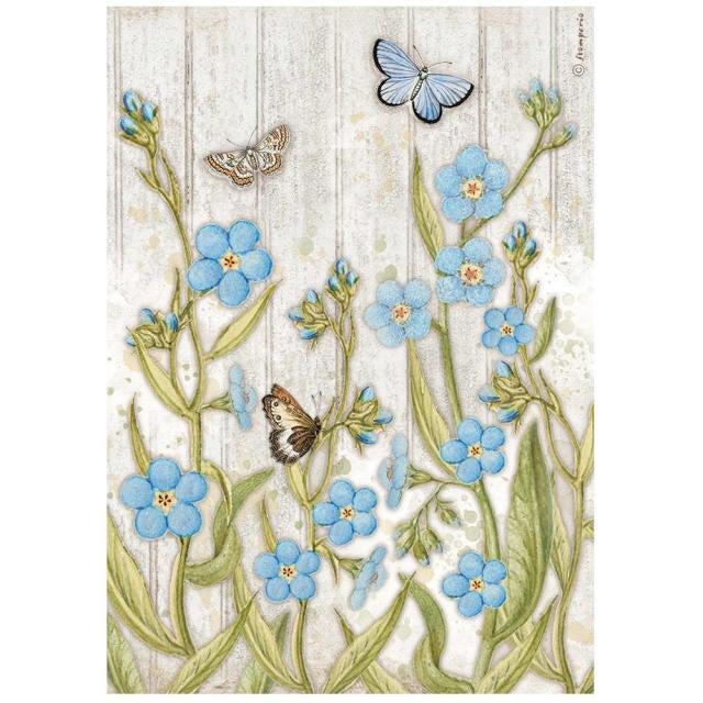 A4 Reispapier-Packung - Romantic Garden House Blaue Blumen und Schmetterling