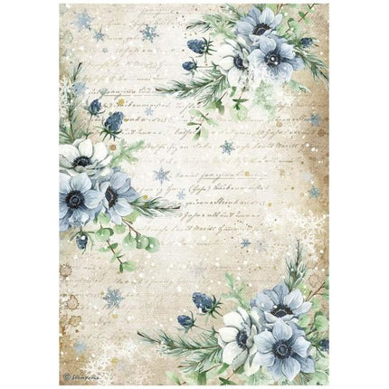 A4 Reispapier Packung - Romantisch Gemütlicher Winter blaue Blumen