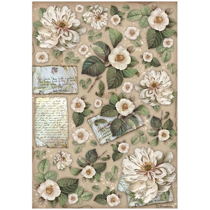 A4 Reispapier verpackt - Vintage Library Blumen und Buchstaben