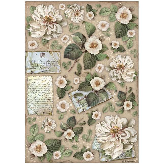 A4 Reispapier im Paket - Blumen und Schriftzüge der Vintage-Bibliothek