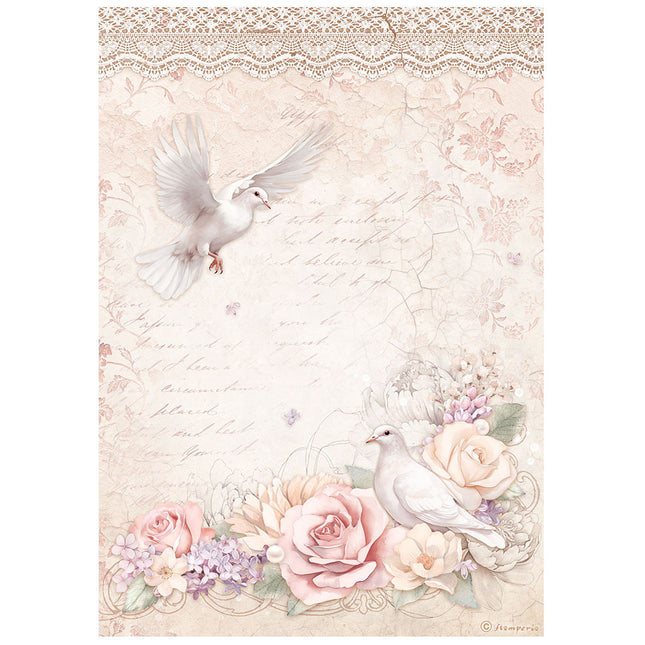 A4 Reispapier verpackt - Romance Forever Tauben