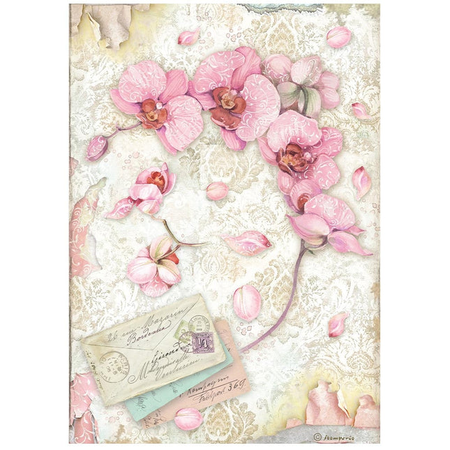 A4 Reispapier verpackt - Orchideen und Katzen rosa Orchidee
