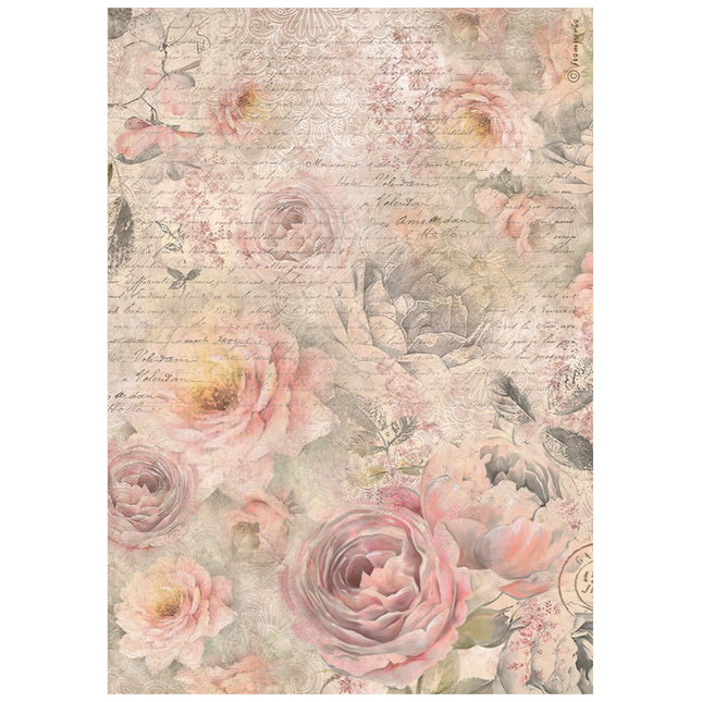 A4 Reispapier Packung - Shabby Rose Rosenmuster