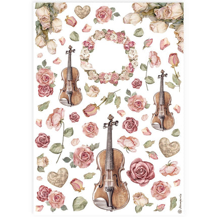 A4 Reispapier Packung - Geigen und Rosen