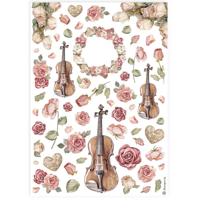 A4 Reispapier Packung - Geigen und Rosen
