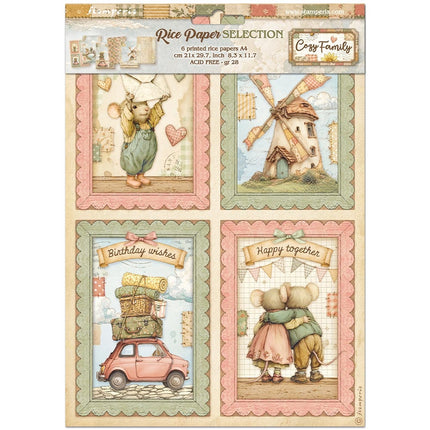 Printed 6 Rice paper A4 selection for Art and Craft - Cozy Family