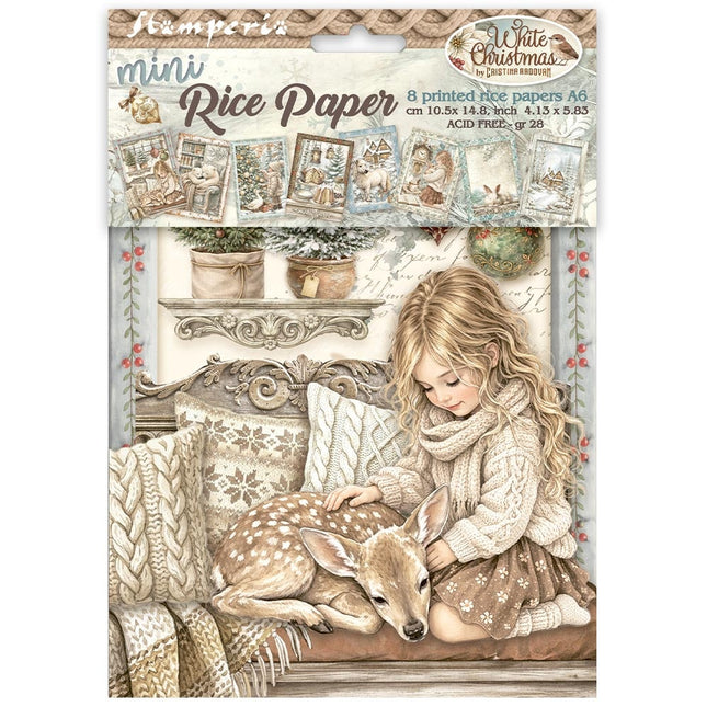 Printed Mini Rice paper A6 8 sheets for Art and Craft - White Christmas