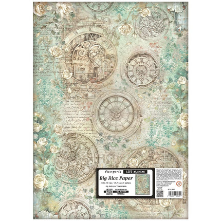 Bedrucktes Reispapier für Kunst und Handwerk cm 50X70 - Gardens of Time Uhren und Rosen