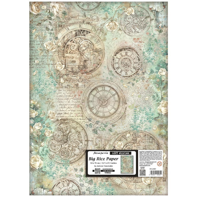 Bedrucktes Reispapier für Kunst und Handwerk cm 50X70 - Gardens of Time Uhren und Rosen