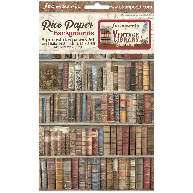 Auswahl aus 8 Reispapier-Hintergründen im Format A6 - Vintage-Bibliothek