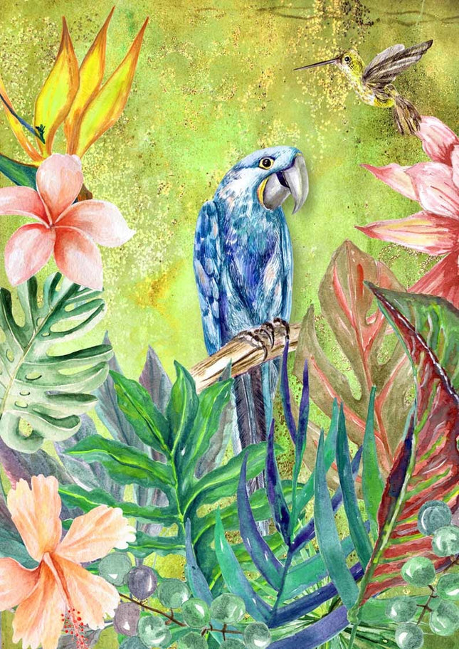 Tropischer BLAUER Vogel mit grünem Hintergrund Reispapier A4