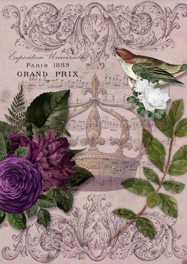 Königliche Musik lila Vogel und Blumen mit Krone Reispapier A4
