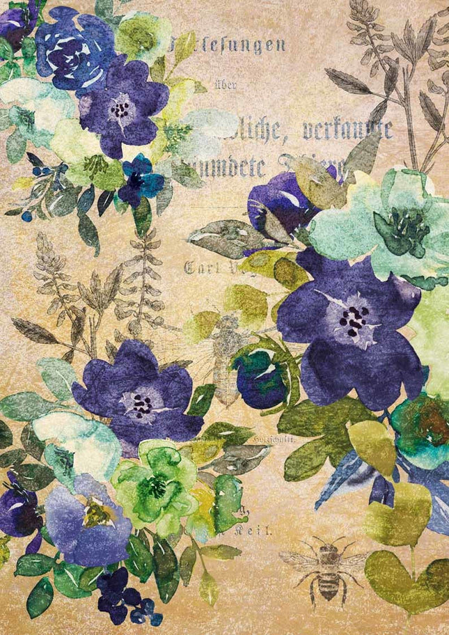 Aquarell blaue und grüne Blumen Reispapier A4
