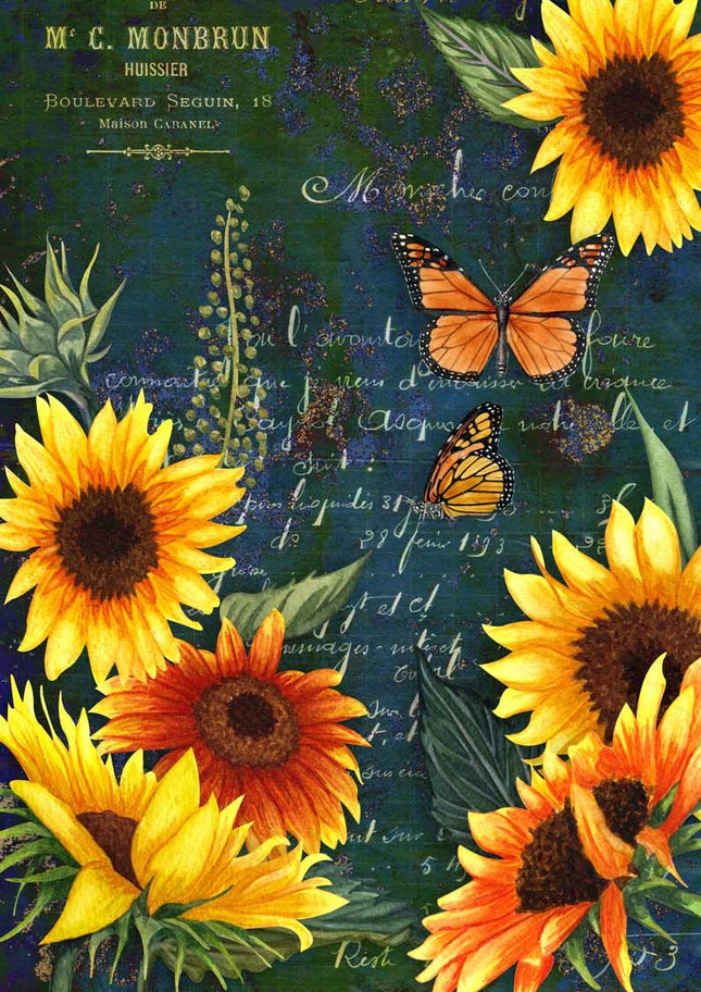 Sonnenblumen und Monarch Grüner Schmetterling Reispapier A4
