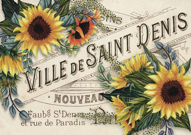 Sonnenblumen mit Ville de St Denis Etikett Reispapier A4