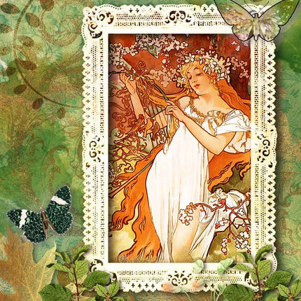 Waldgerahmtes Mucha-Mädchen Reispapier A4