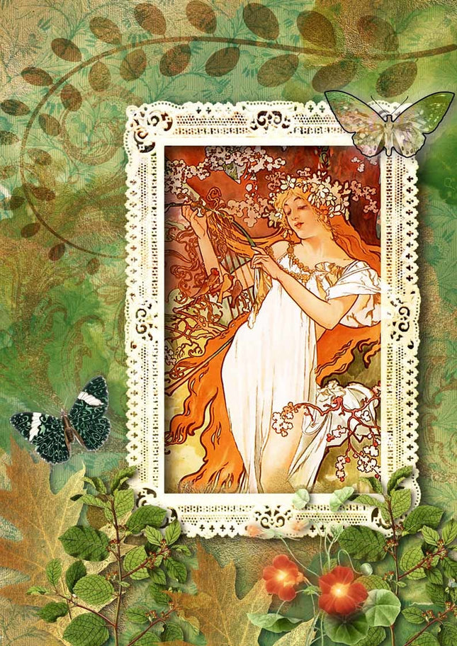 Waldgerahmtes Mucha-Mädchen Reispapier A4