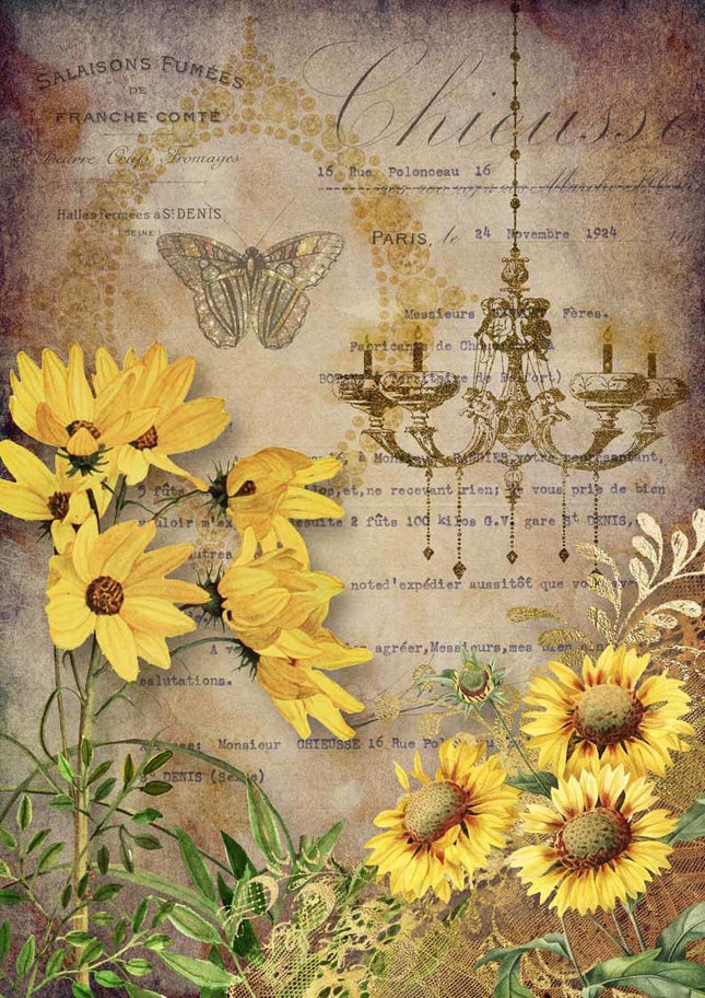 Elegante Sonnenblumen mit Kronleuchter Reispapier A4