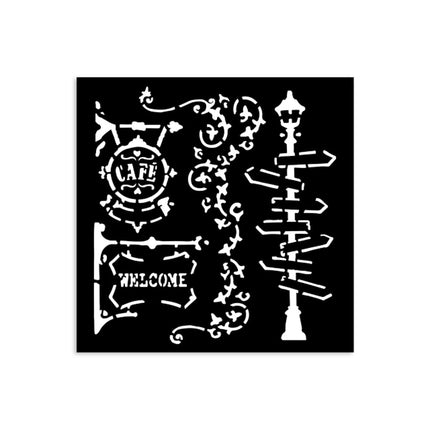 Dicke Schablone cm 12x12 - Art of Travelling Straßenlaterne und Schild