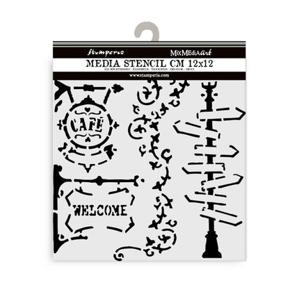 Dicke Schablone cm 12x12 - Art of Travelling Straßenlaterne und Schild