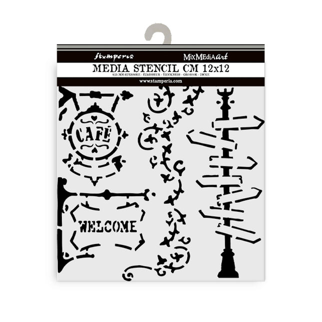 Dicke Schablone cm 12x12 - Art of Travelling Straßenlaterne und Schild