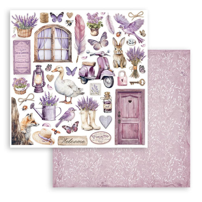 Beidseitig bedrucktes Scrapbook-Papier - Lavendel Elemente