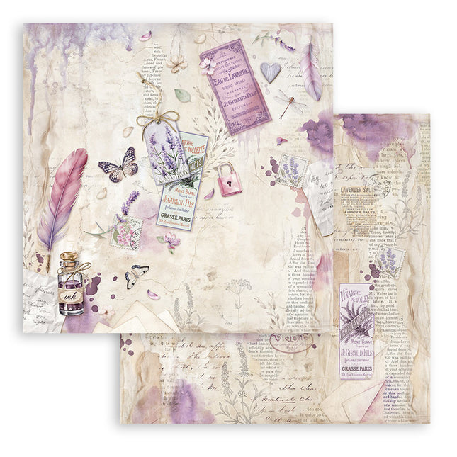 Beidseitig bedrucktes Scrapbook-Papier - Lavendel Feder und Tintenfass