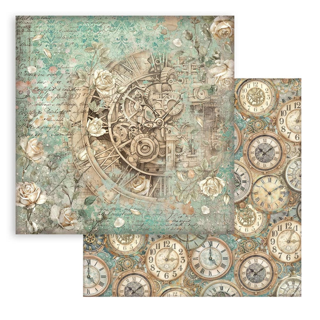Bedrucktes doppelseitiges Scrapbooking-Papier für Kunst und Handwerk - Gardens of Time Uhr und Rosen