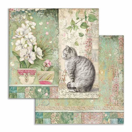 Beidseitiges Scrapbook-Papier Katze und Vase