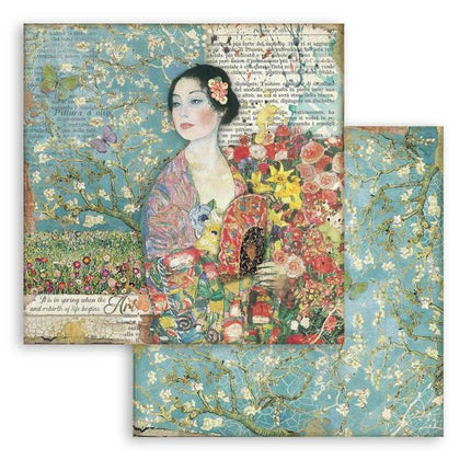 Beidseitiges Scrapbook-Papier - Dame mit Fächer