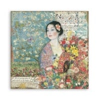Beidseitiges Scrapbook-Papier - Dame mit Fächer