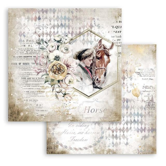 Beidseitig bedrucktes Scrapbook-Papier - Romantische Pferde Dame mit Pferd