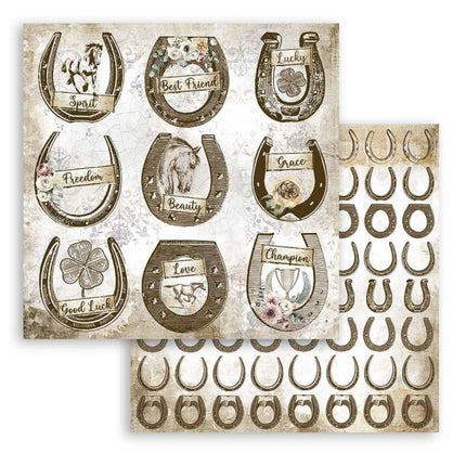 Beidseitig bedrucktes Scrapbook-Papier - Romantische Pferde Hufeisen