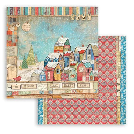 Beidseitiges Scrapbook-Papier - Weihnachts-Patchwork Häuser