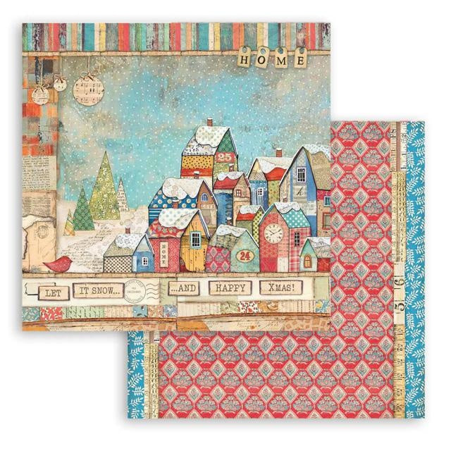 Beidseitiges Scrapbook-Papier - Weihnachts-Patchwork Häuser