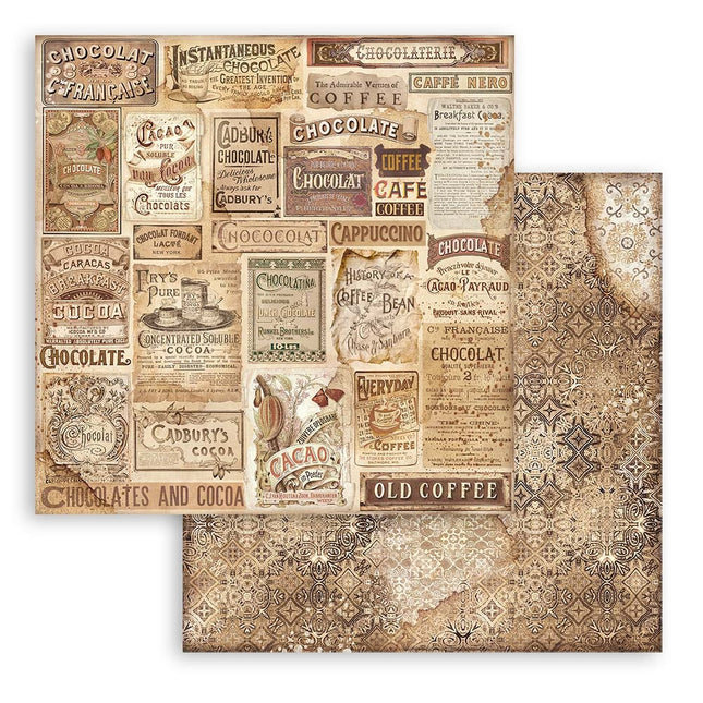 Beidseitig bedrucktes Scrapbook-Papier - Kaffee und Schokolade Etiketten