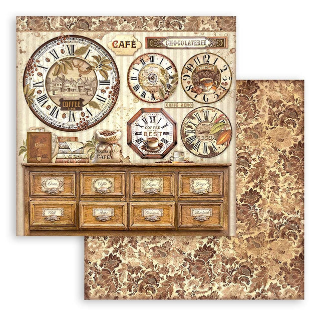 Beidseitig bedrucktes Scrapbook-Papier - Coffee and Chocolate Uhren