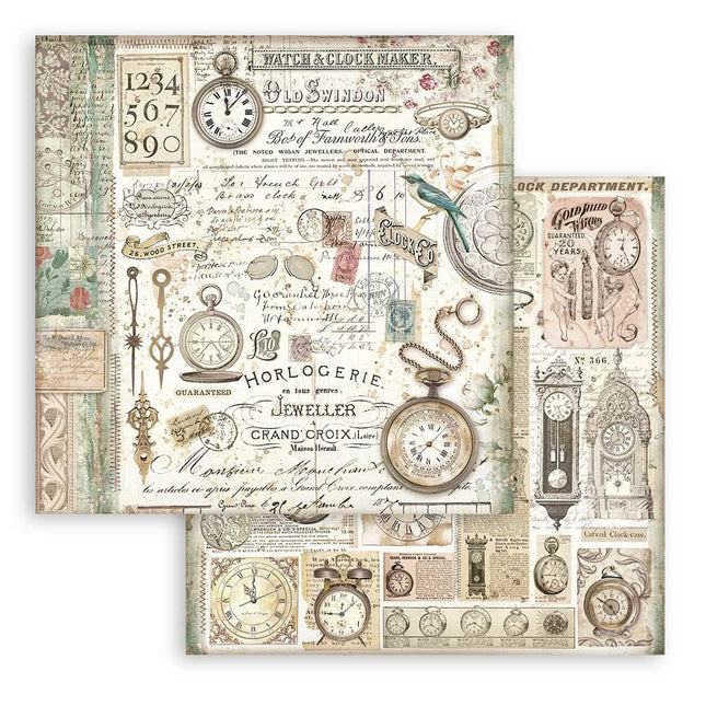 Beidseitig bedrucktes Scrapbook-Papier - Brocante Antiques Uhren