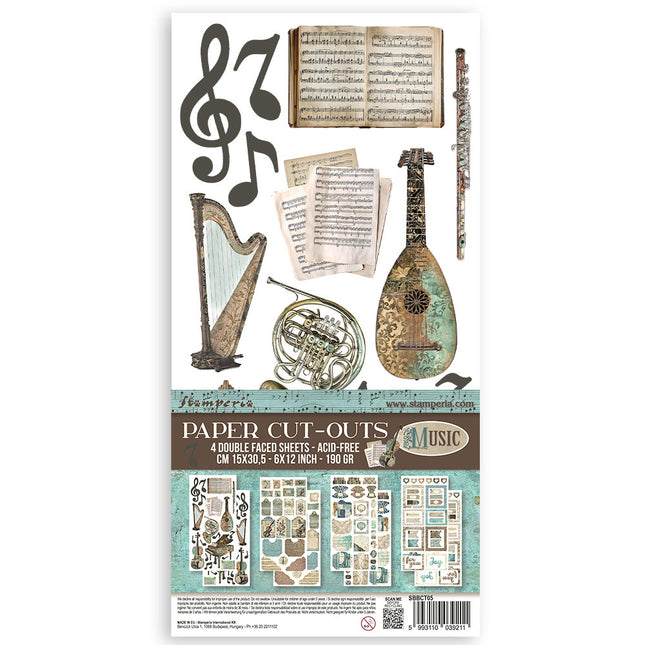 Papier-Ausschnitte 2 doppelseitig - 4 Blätter cm 15x30,5 - Musik